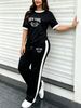 Women's Simple Sport 2-piece Set, Classic Print Colorblock Tee & Stretch Knit Side-stripe Drawstring Wide Leg Pants For Spring Summer Commute & Gym_ecoleips.com