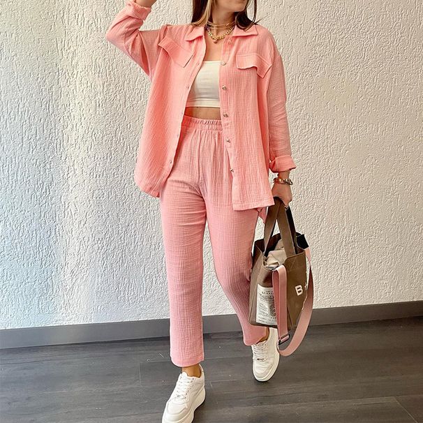 Women's Clothing New Double Layer Crepe Loose Large Size Lapel Long Sleeved Shirt Casual Suit_ecoleips.com