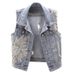 Women's Denim Vest With Lace And Beaded Embellishments – Short Sleeveless Jacket For Casual & Office Wear_ecoleips.com