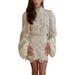 Women's Lantern Sleeve Mock Neck Lace Midi Dress – Elegant Casual Party Gown_ecoleips.com