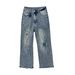 Women's Ripped Wide Leg Stretch Denim Jeans Blue Sky White Cloud Style European American Export Bestseller_ecoleips.com