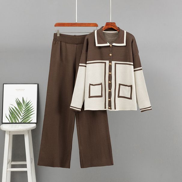Women's Loose Knitted Cardigan Two Piece Set European American Style Autumn Winter Fashion Casual Suit Contrast Lapel_ecoleips.com