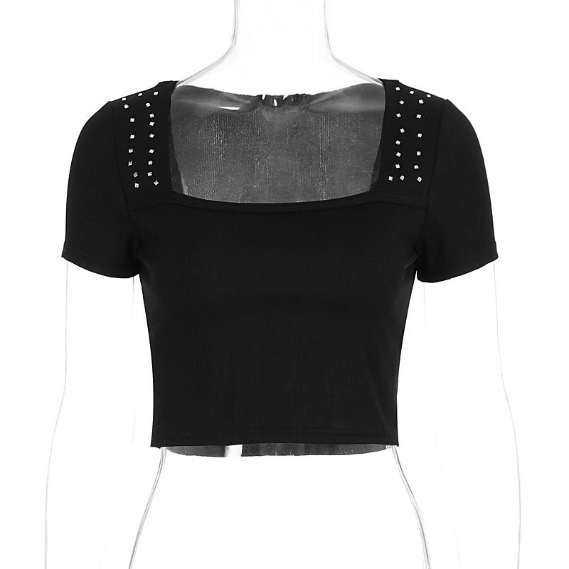 Women Fashion Temperament Square Neck Solid Color Rhinestone Embellished Slim Fit Cropped Top Dress For Ladies_ecoleips.com