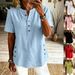 Summer New Women's Henley Collar Top Half Open Short Sleeve Side Buttons Loose Casual Solid Color T-Shirt_ecoleips.com