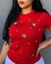 Women's Clothing Summer Elastic Beaded Butterfly Decoration Round Neck Large Size T Shirt Short Sleeve_ecoleips.com