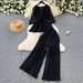 Women's Clothing Pleated V Neck Lace Up Waist Lantern Sleeve Top High Waisted Pleated Nine Point Wide Leg Pants_ecoleips.com