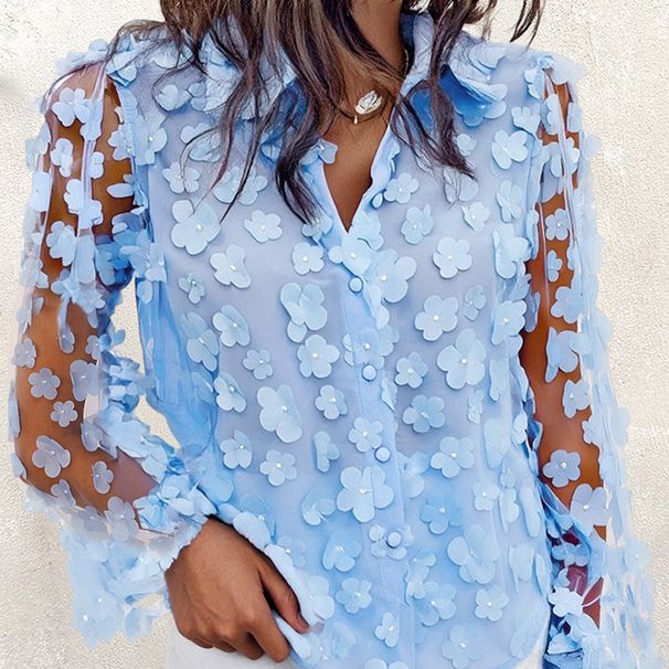 Women's Clothing Women's Light Blue Three Dimensional Flower Perspective Mesh Lantern Sleeve Shirt_ecoleips.com