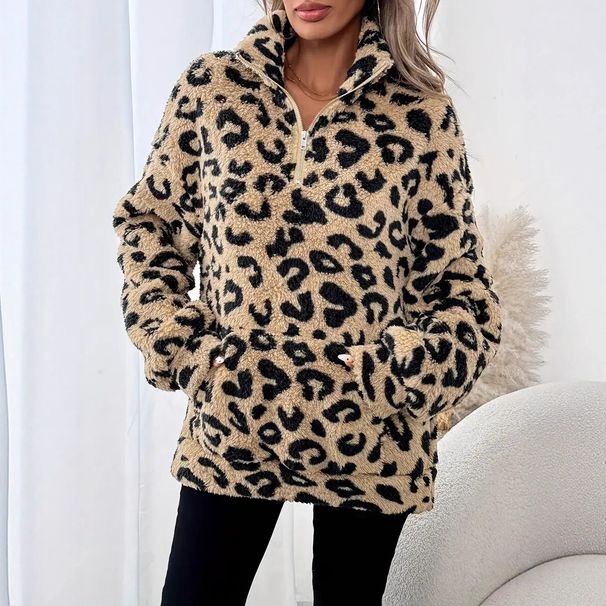 Women's Clothing Temperament Pocket Leopard Print Fashionable Leopard Print Zip-Up Hoodie With Cozy Fleece Lining – Elegant & Relaxed Fit For Women_ecoleips.com