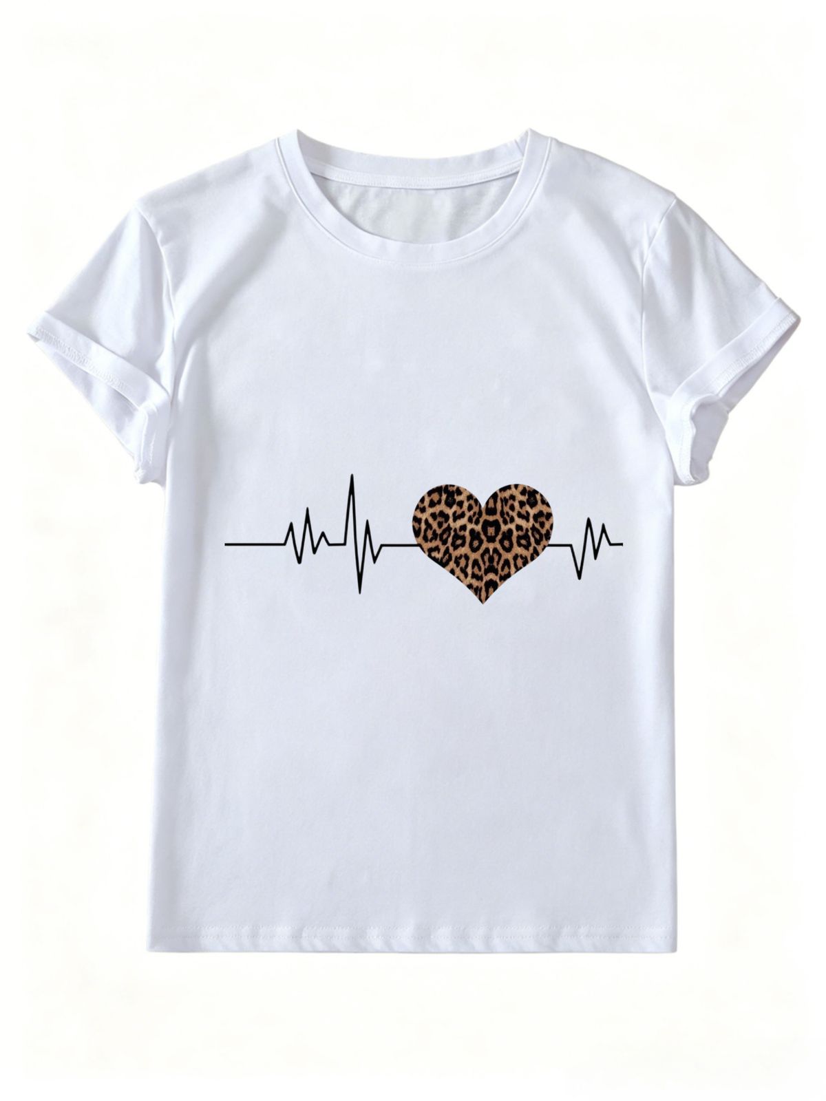 Women Crew Neck Short Sleeve T-Shirt Leopard Print Heart Heartbeat Line Graphic Casual Summer Basic Daily Top For Ladies_ecoleips.com