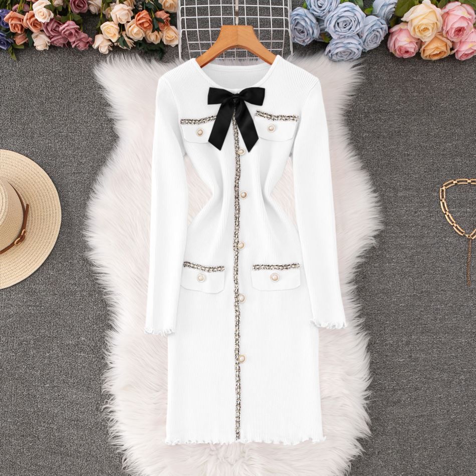 Elegant Bow-Knot Knit Dress With Ruffled Hem & Long Sleeves – Slim Fit Winter Short Dress For Women (Yellow/White/Black/Red, S/M/L/XL)_ecoleips.com