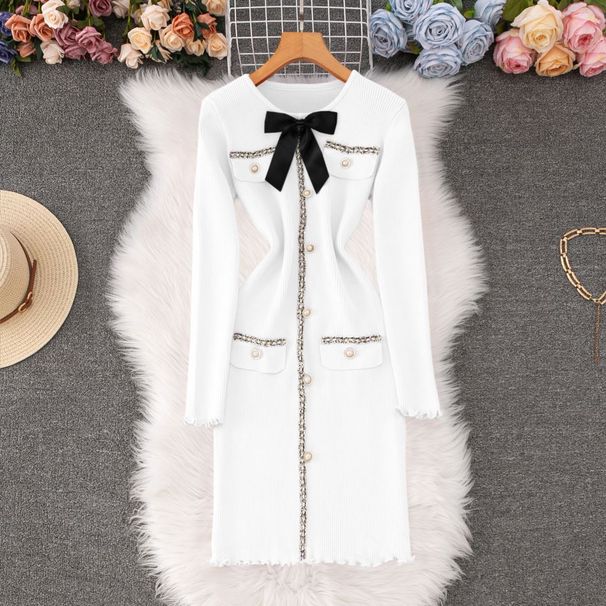 Elegant Bow-Knot Knit Dress With Ruffled Hem & Long Sleeves – Slim Fit Winter Short Dress For Women (Yellow/White/Black/Red, S/M/L/XL)_ecoleips.com