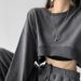 Women's Short Sweatshirt Korean Style Solid Color Loose Round Neck Long Sleeve Top Trendy Autumn Clothing For Women_ecoleips.com