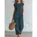 Women's Bohemian Two-Piece Set Round Neck Button Down Short Sleeve Top And Wide Leg Pants Beach Vacation American Style_ecoleips.com
