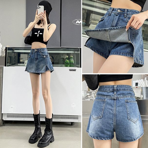 High-waisted Denim Skirt Women's 2025 Summer New Loose And Versatile Fake Two-piece Spice Girl A-word Hip Skirt Contrasting Colors_ecoleips.com