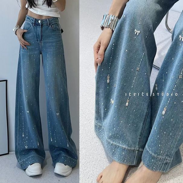 Women's Clothing Early Spring New High Waist Wide Leg Pants Shooting Star Hot Diamond Bow Straight Jeans_ecoleips.com