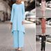 Muslim Fashion Women's Spring Autumn New Solid Color Long Sleeve Lace Placket Round Neck Top And Pants Set Black_ecoleips.com