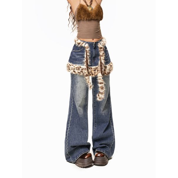 Vintage Leopard Print Fluff Splicing Stacked Fart Curtain Spice Girl Straight Wide Leg Fake Two-piece Jeans_ecoleips.com