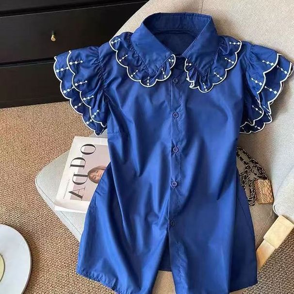 Klein Blue Women's Short Sleeve Shirt Peter Pan Collar Summer New Style Casual Elegant Fashion Top for Ages 16-45_ecoleips.com