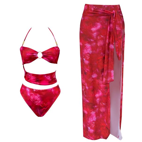 Women's Clothing Swimwear New Retro Color Printed Multi Rope Hollow Sexy One Piece Swimsuit Women Half Body One Piece Wrap Skirt Set_ecoleips.com