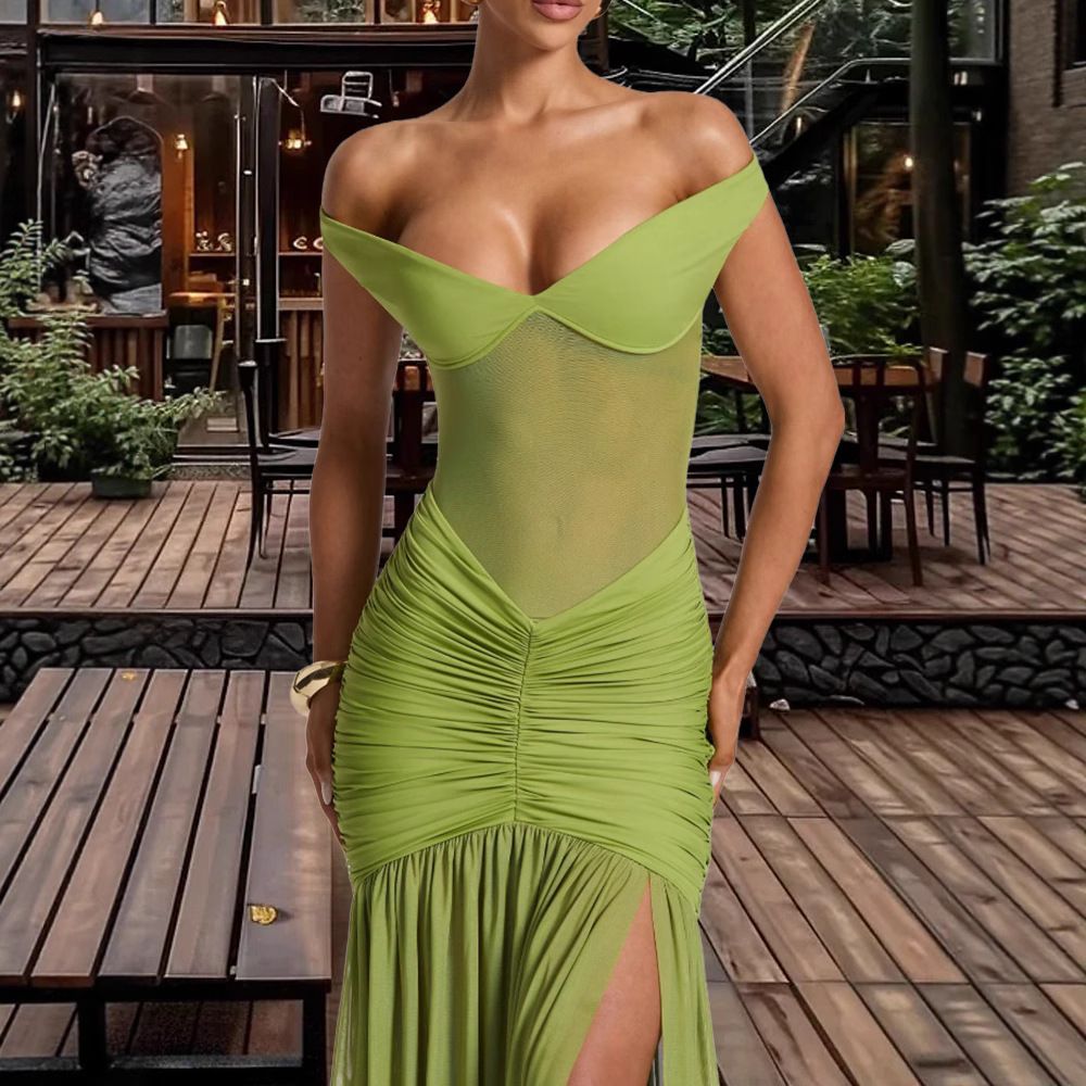 Women's Clothing Off Shoulder Dress Slim Fit Splicing Irregular Fishtail Long Skirt_ecoleips.com