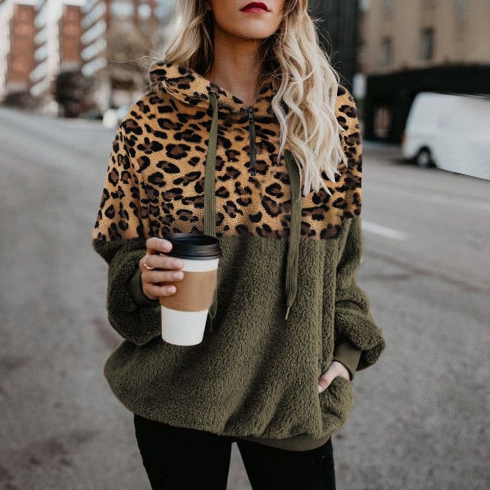 Women's Leopard Print Fleece-Lined Pullover Hoodie – Oversized Fit, Winter Warmth, Soft Polyester Fabric_ecoleips.com