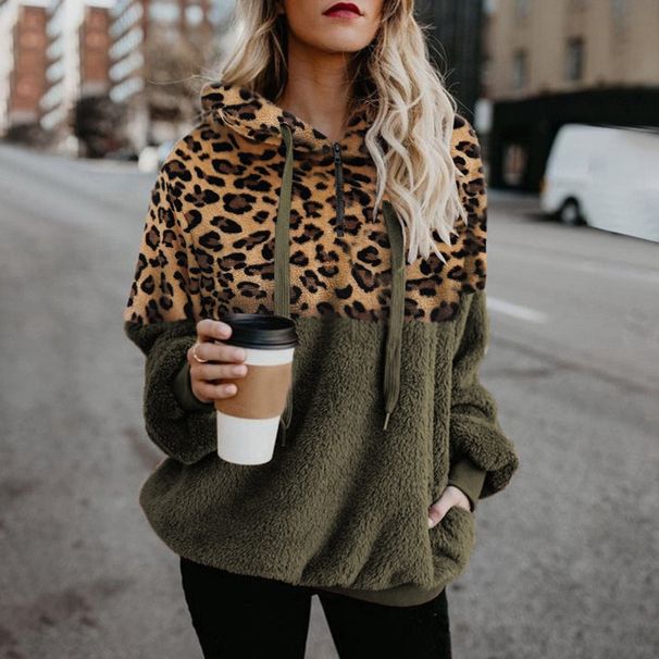 Women's Leopard Print Fleece-Lined Pullover Hoodie – Oversized Fit, Winter Warmth, Soft Polyester Fabric_ecoleips.com