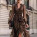 Leopard Print V-Neck Long Sleeve Dress for Women Slim Waist Ruffle Detail European American Style Design Women's Fashion_ecoleips.com