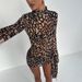 Leopard Print Bandage Long Sleeve Turtleneck Dress Women's Commute Style High Waist One Shoulder Citywalk Dress_ecoleips.com