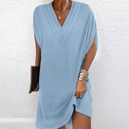 Women's Spring/Summer V-Neck Pleated Bat-Sleeve Dress_ecoleips.com