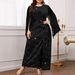 Elegant Plus Size Evening Dress With Silver Foil Accents & Cape Sleeves For Women – A-Line Long Dress In Black (Sizes 0XL-5XL)_ecoleips.com