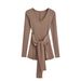 Women's Clothing Hot Girl Autumn Solid Color Two Piece Set Waist Tie V Neck Long Sleeve Slim Fit Bodysuit For Women S21285_ecoleips.com