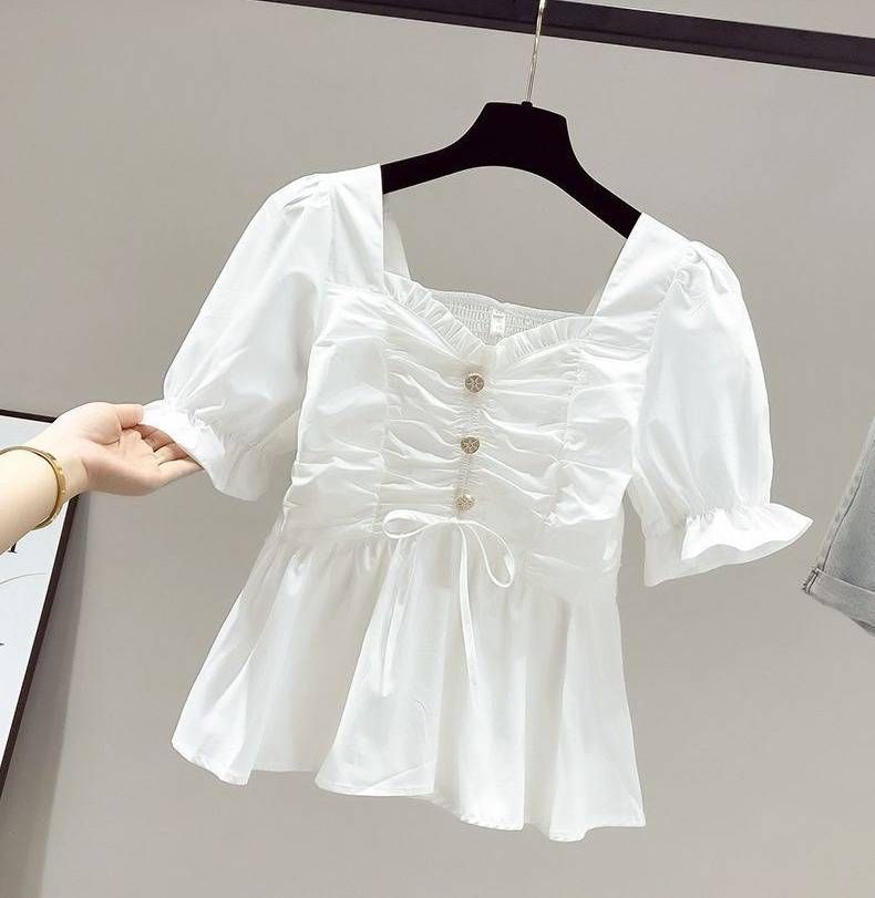 Fashionable Plus Size Women's Suit Set Square Neck Top With Fitted Waist Retro Style Ruffled Trim Jeans_ecoleips.com