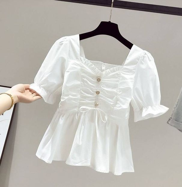 Fashionable Plus Size Women's Suit Set Square Neck Top With Fitted Waist Retro Style Ruffled Trim Jeans_ecoleips.com
