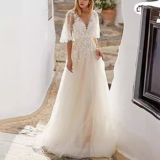 Long Sleeved Lightweight Wedding Dress Mori Style New Simple Ethereal Dreamy Hepburn V Neck Short Train Slimming Women's Clothing Party Wear_ecoleips.com