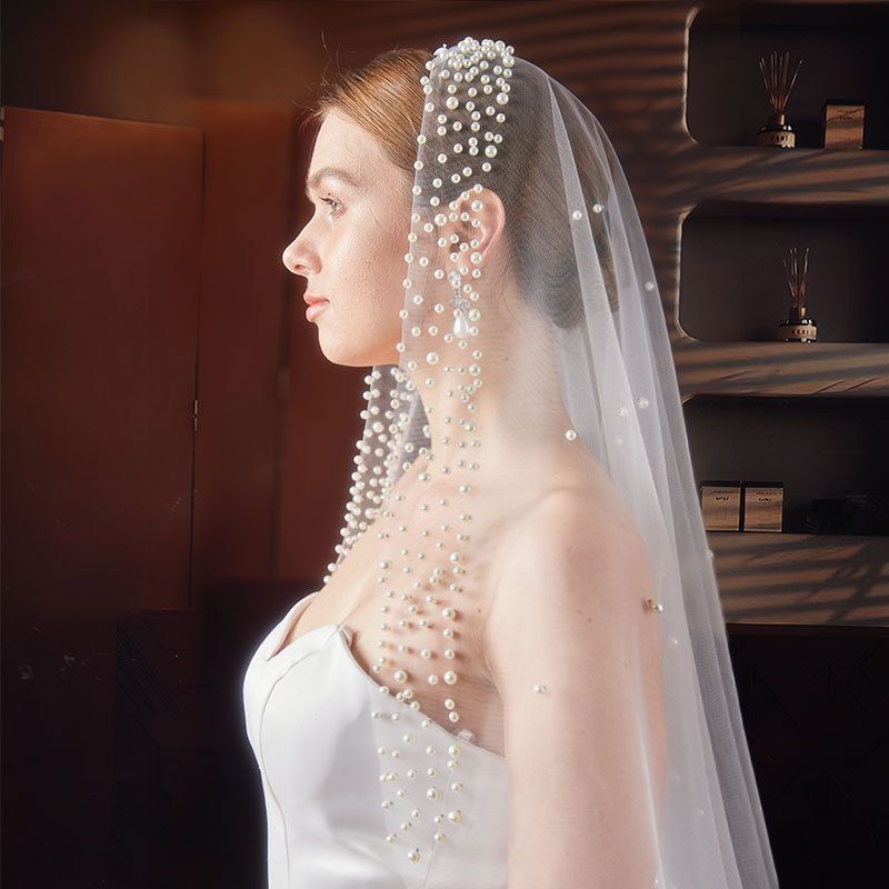 3M Pearl-Embellished Single-Layer Wedding Veil With Comb – Cathedral Length Bridal Accessory For Vintage & Boho Brides (Ivory/White)_ecoleips.com