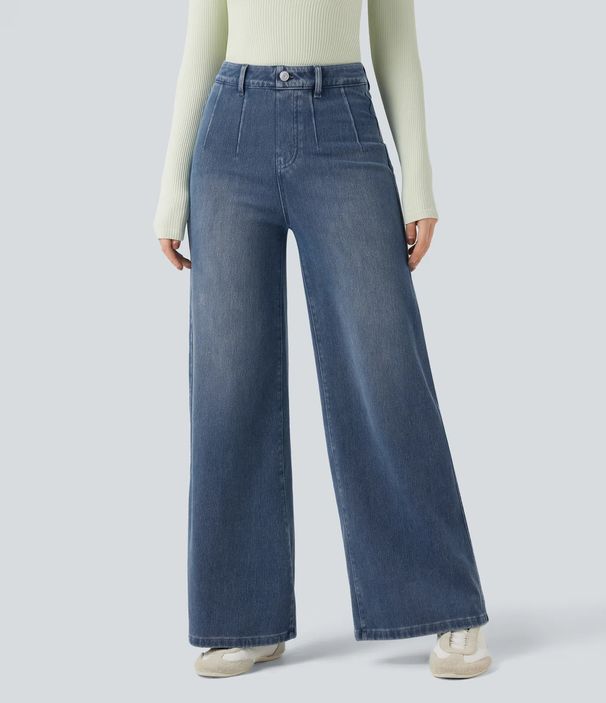 Cross Border Foreign Trade Popular High Waisted Elastic Jeans For Women's Loose Wide Leg Pants In European And American Plus Sizes_ecoleips.com