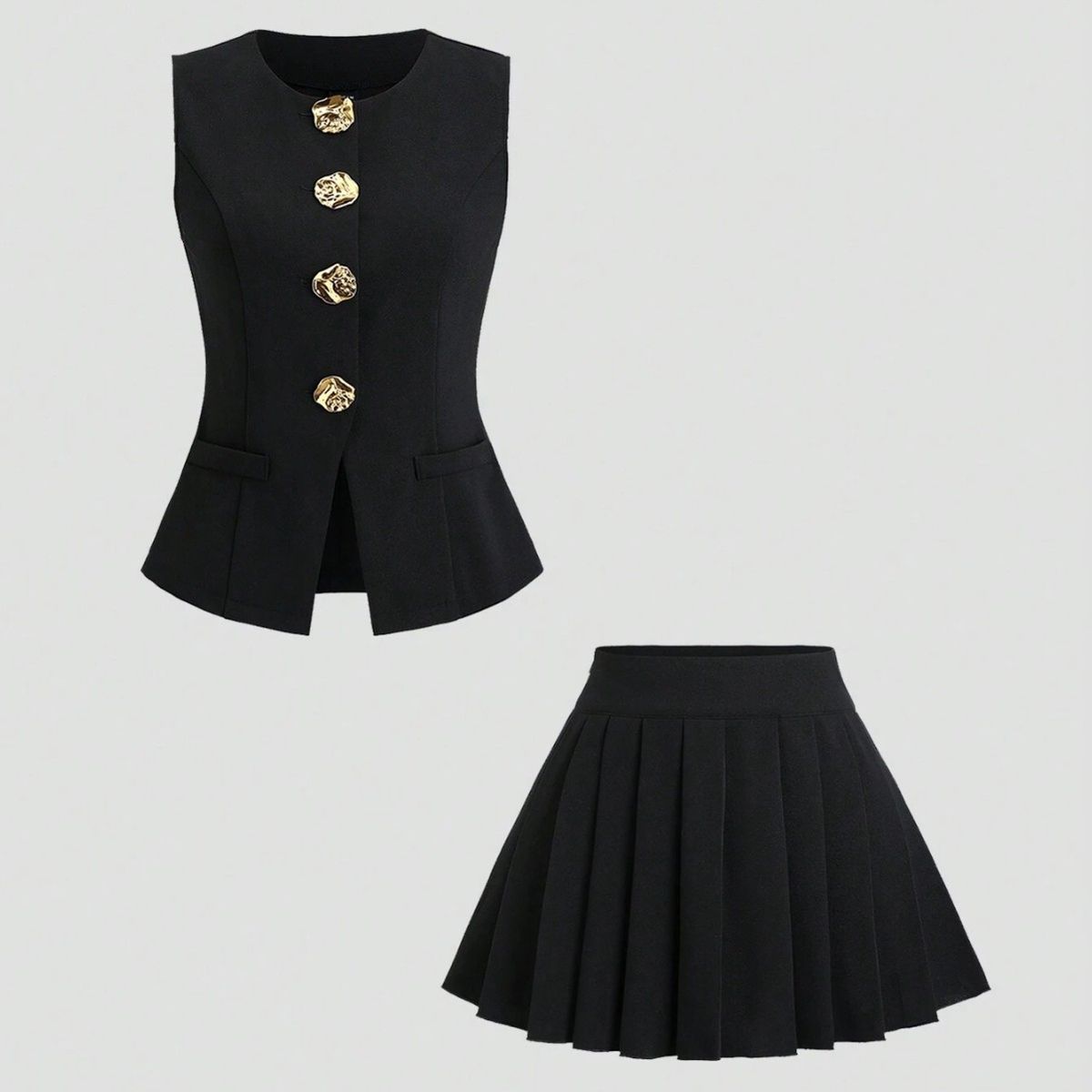 Women's Minimalist Commuter Two-Piece Set Sleeveless Vest & Short Skirt Modern Office Wear High-End Solid Color Short Length_ecoleips.com