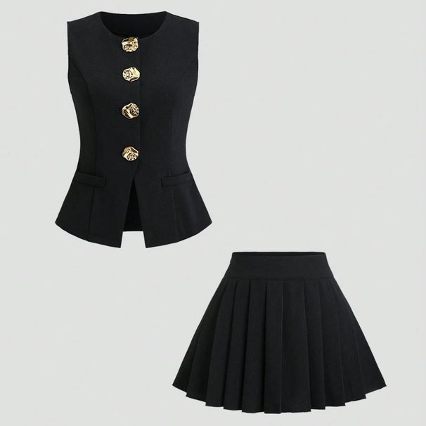 Women's Minimalist Commuter Two-Piece Set Sleeveless Vest & Short Skirt Modern Office Wear High-End Solid Color Short Length_ecoleips.com