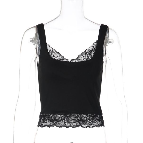 Aria Basics Aria Basics European And American INS Fashion New Sexy Lace Trim Versatile Solid Color Hot Girl Style Short Vest Top Women's_ecoleips.com