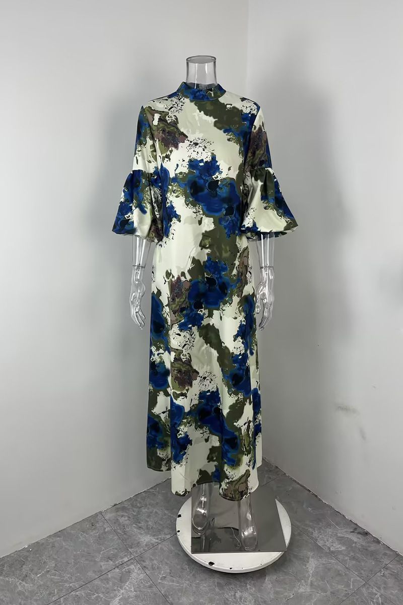 K New Women's Elegant Plant Printed Bubble Sleeve Dress For Women_ecoleips.com