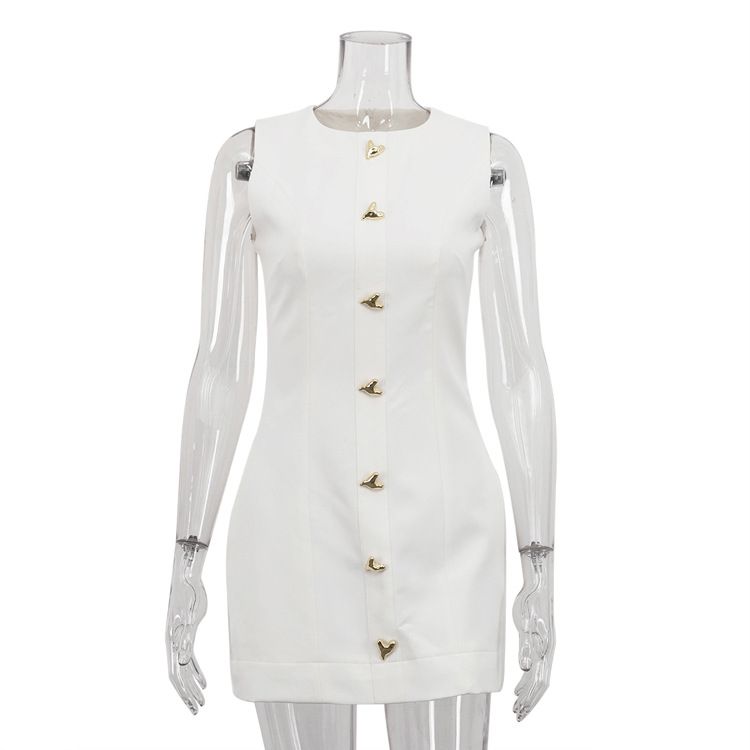 Women's White Short French Style Dress Sleeveless round Neck Elegant Waist Cinching Vest Dress for Spring/Summer 2025_ecoleips.com