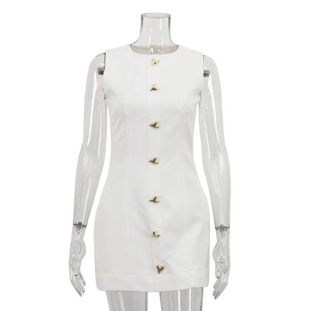 Women's White Short French Style Dress Sleeveless round Neck Elegant Waist Cinching Vest Dress for Spring/Summer 2025_ecoleips.com