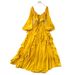 Women's French Style Resort Square Neck Puff Sleeve Dress Summer Yellow Ruffles Fitted Waist Full Skirt_ecoleips.com