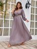 Women's Chiffon V-neck beaded floral pleated elegant ruffled shoulder sleeves pleated chest long skirt with straps and bows on the back_ecoleips.com