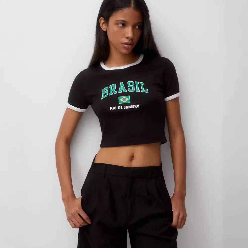 Women's Clothing Fashion Letter Flag Print Round Neck T Shirt Personality Pullover Trendy Short Sleeved T Shirt Top_ecoleips.com