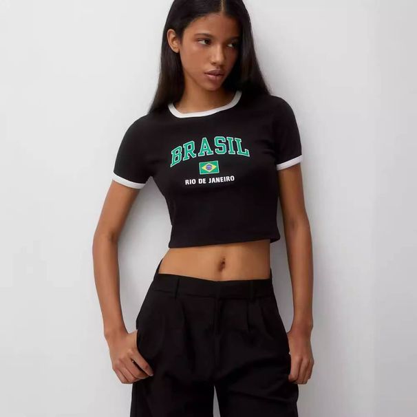 Women's Clothing Fashion Letter Flag Print Round Neck T Shirt Personality Pullover Trendy Short Sleeved T Shirt Top_ecoleips.com
