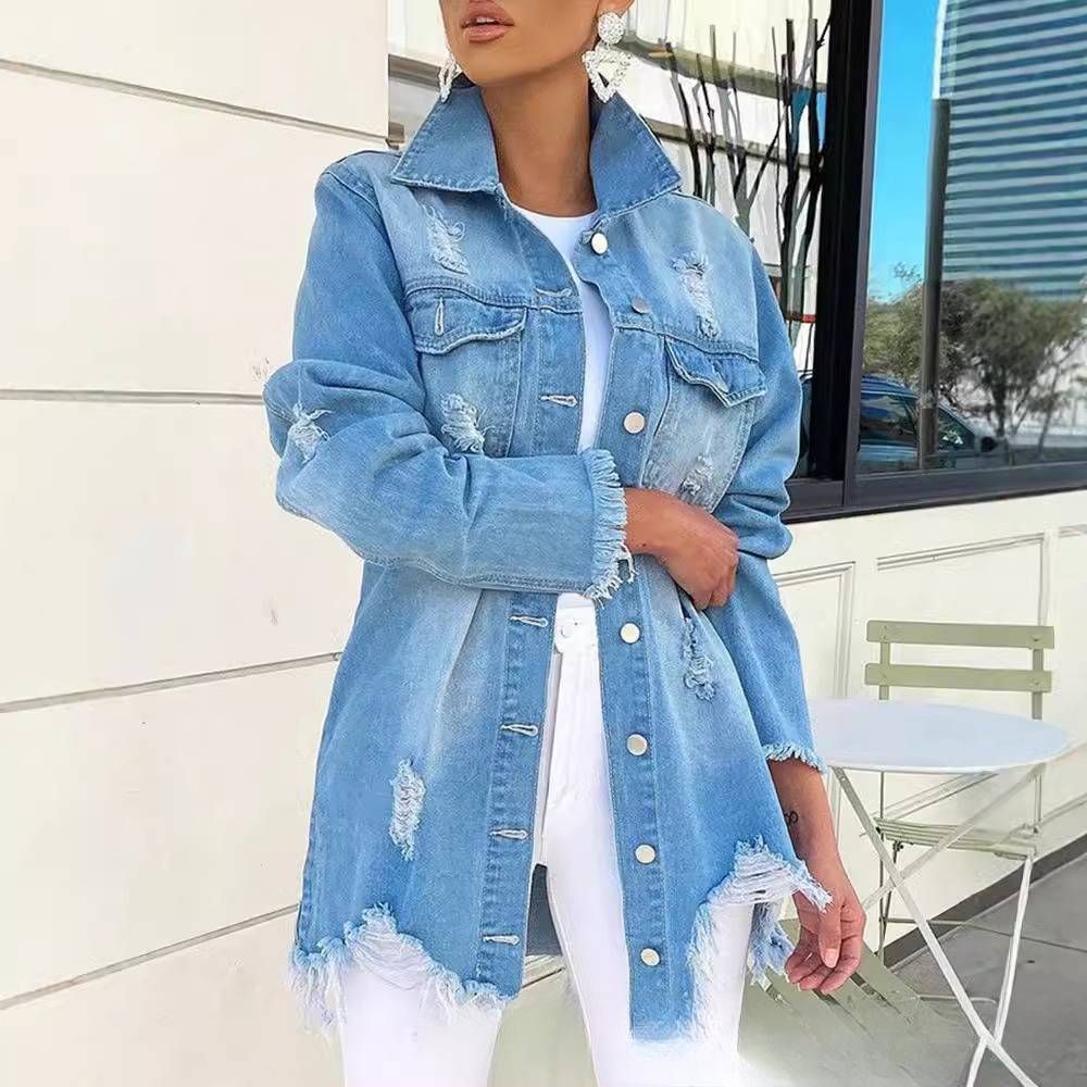 Women's Distressed Hem Long Sleeve Denim Shirt - Casual & Office Ready With Polo Colla_ecoleips.com