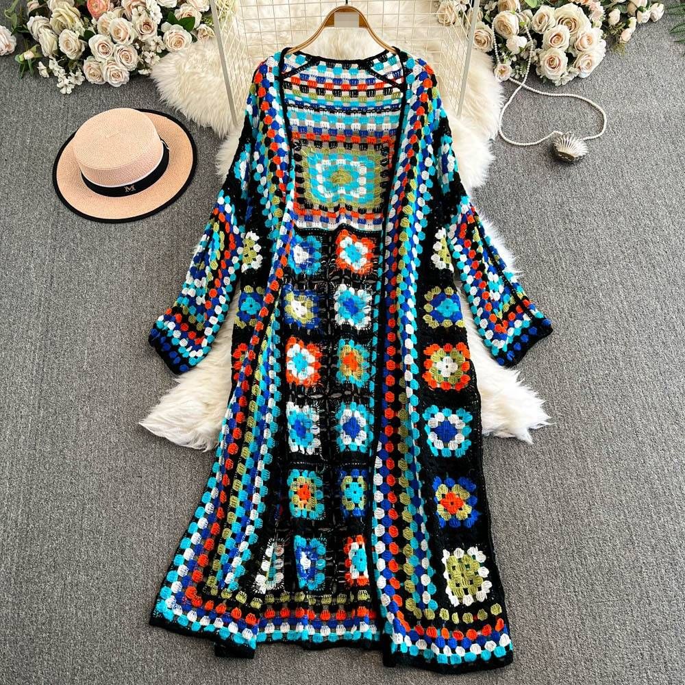 Ethnic Bohemian Crochet Lace-Up Longline Cardigan For Women - Vintage Colorblock Knit Coat With V-Neck & Button Detail_ecoleips.com