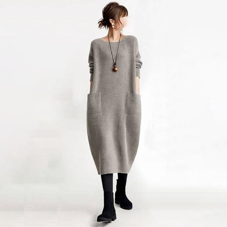 Spring New Solid Color Round Neck Knitted Dress With Large Pockets For Women._ecoleips.com