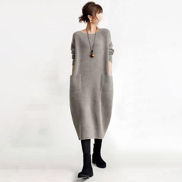Spring New Solid Color Round Neck Knitted Dress With Large Pockets For Women._ecoleips.com